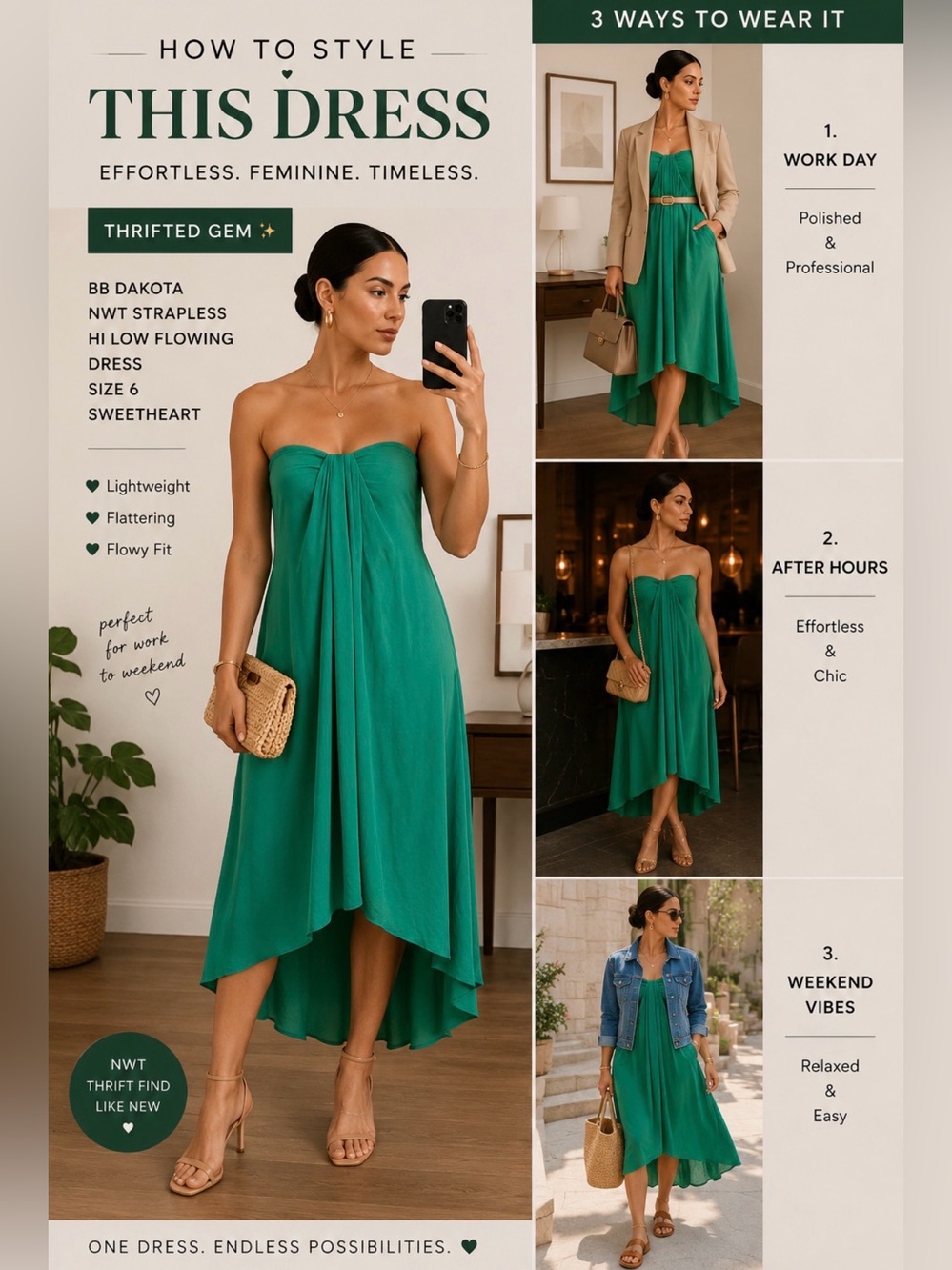 NWT BB Dakota Women’s Green Strapless Hi Low Flowing Dress Size 6 Sweetheart